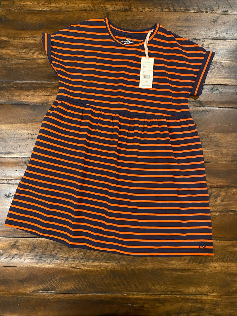 NWT Vineyard Vines Girls Navy and Orange Stripe Short Sleeve Dress